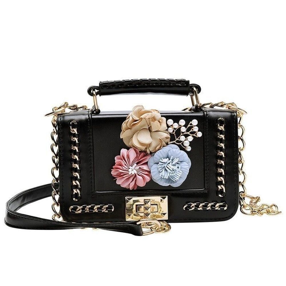 Women's Handmade Black 3D Flower pearl Design Chain Accent Satchel Handbag